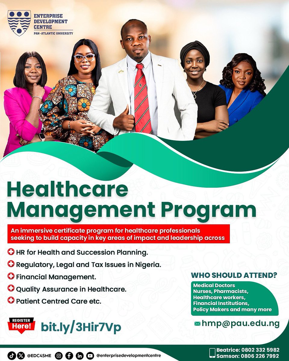 Healthcare is tough. Leadership makes it better.

Join EDC’s Healthcare Management Program and build the skills to lead, manage, and thrive in Nigeria’s health sector.

🔗 bit.ly/3Hir7Vp
📩 hmp@pau.edu.ng
#HealthcareLeadership #HMP2025 #EDC4SME #HealthWorkersNaija
