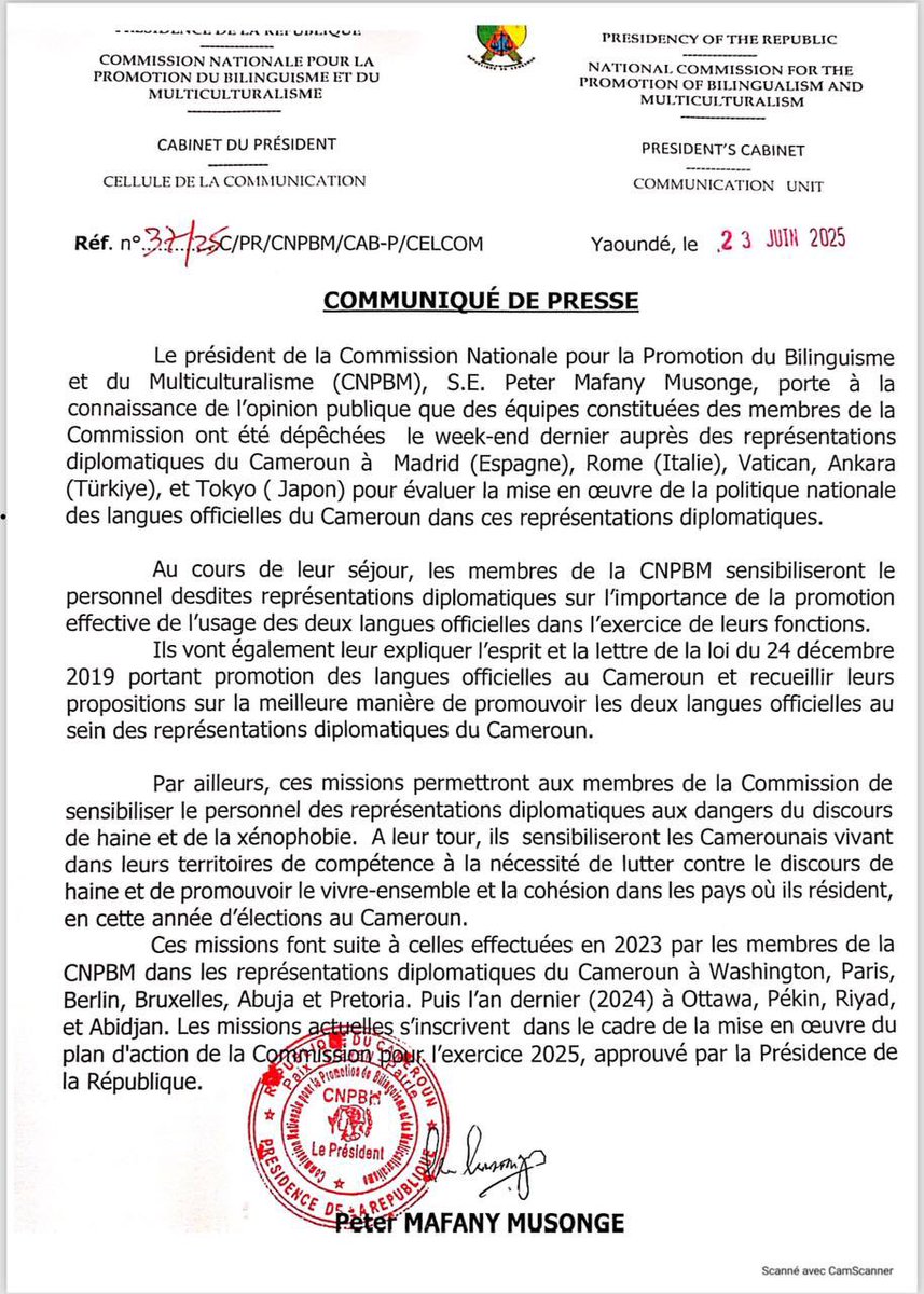 CRTV_web's tweet image. Une délégation de la Commission Nationale pour la Promotion du #Bilinguisme et du #Multiculturalisme en mission officielle en Espagne, Italie, Vatican, Turquie et Japon. Objectif : évaluer la promotion de l'anglais et du français dans les ambassades camerounaises.