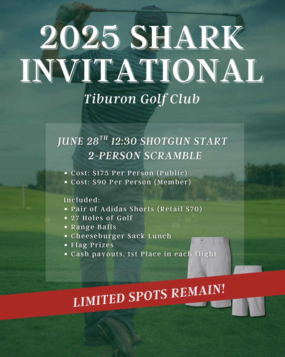 Tiburon Golf Club & Banquet Facility (@tiburongolfclub) on Twitter photo Limited Spots Remain! 
The Shark Invitational returns June 28th at Tiburon Golf Club
Included with entry:
👕 Adidas shorts ($70 retail)
🍔 Cheeseburger lunch
🏆 Flag prizes + flight winners
⛳️ Register your team now: golfgenius.com/ggid/sharkinvi…
 Limited Spots Remain! 
The Shark Invitational returns June 28th at Tiburon Golf Club
Included with entry:
👕 Adidas shorts ($70 retail)
🍔 Cheeseburger lunch
🏆 Flag prizes + flight winners
⛳️ Register your team now: golfgenius.com/ggid/sharkinvi…
