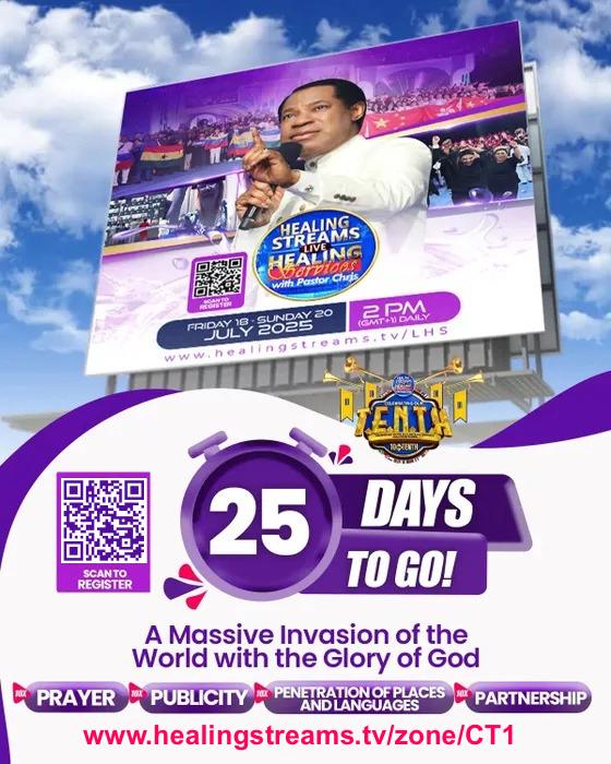 🌍 Something EXTRAORDINARY is coming!
From July 18–20, 2025, the glory of God will cover the earth like never before! 💫
Get ready for a divine invasion at the Healing Streams Live Healing Services with Pastor Chris. Your miracle awaits! 🙌✨
🕑 2PM (GMT+1) daily.
