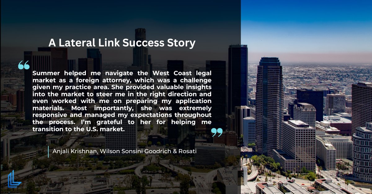 🌍 Breaking into a new legal market is tough, especially across borders.

Anjali Krishnan of Wilson Sonsini Goodrich &amp; Rosati credits Summer Eberhard’s steady guidance and market insight for making her U.S. transition smooth. 👏

We’re proud to have Summer on the Lateral Link