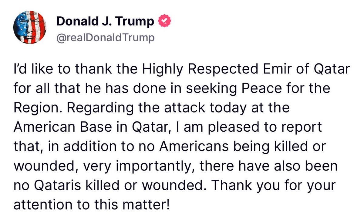🚨 JUST IN: Trump says ON TOP of no Americans being harmed, no Qataris were either, by Iran today.