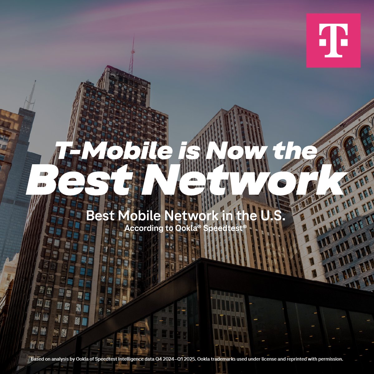 5 years ago, Sprint &amp; <a href="/TMobile/">T-Mobile</a> merged to build a customer-first network. Our 5G “layer cake” strategy —low, mid &amp; high-band — set us apart.

Today, Ookla made it official: T-Mobile is the Best Network in America. 👏👏

With T-Satellite live July 23, and data-based service for
