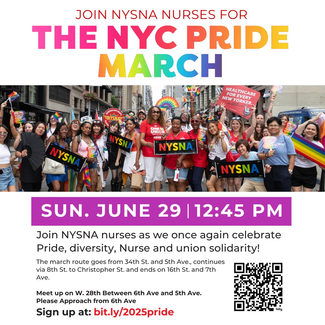 NYSNA nurses are ready to march at the NYC Pride Parade this Sunday, June 29! It's more important than ever for nurses to fight for safe, quality, and gender-affirming healthcare!

Join us Sunday to celebrate Pride! You can still register to RSVP: bit.ly/2025pride
