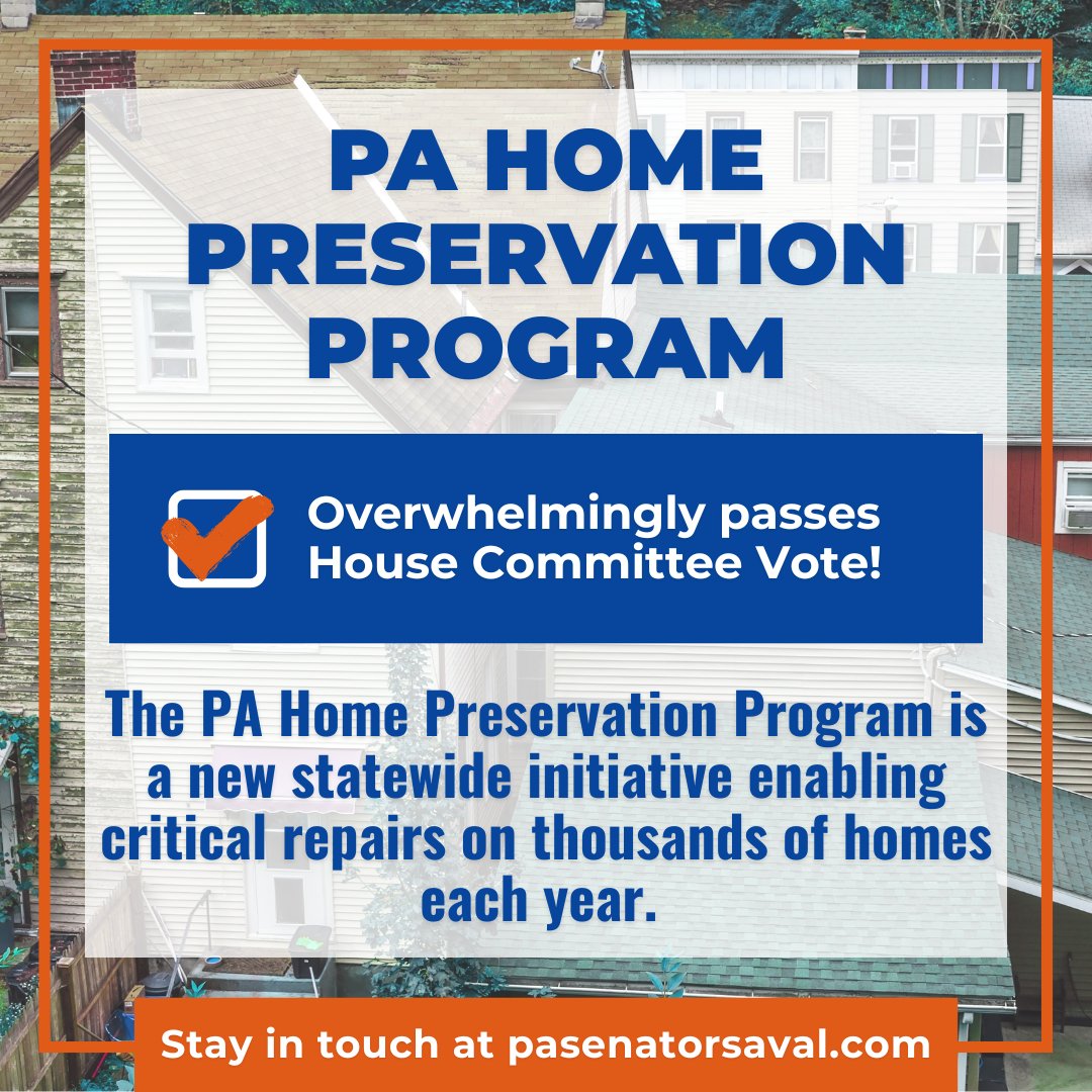 Senator Nikil Saval (@senatorsaval) on Twitter photo 📢Today the House passed the PA Home Preservation Program out of committee with overwhelming bipartisan support! A vote on the House floor comes next. Thanks to <a href="/RepLPowell/">Rep. Lindsay Powell</a> for championing this essential program, which will provide critical repairs to homeowners across PA. 📢Today the House passed the PA Home Preservation Program out of committee with overwhelming bipartisan support! A vote on the House floor comes next. Thanks to <a href="/RepLPowell/">Rep. Lindsay Powell</a> for championing this essential program, which will provide critical repairs to homeowners across PA.