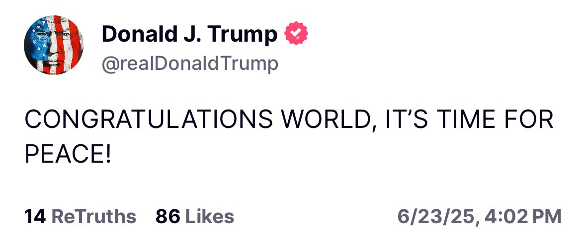 WarClandestine's tweet image. Trump is acting like this conflict is over.
I think Trump might have just pulled off the most successful geopolitical and military maneuver in world history.
Did we just win?
