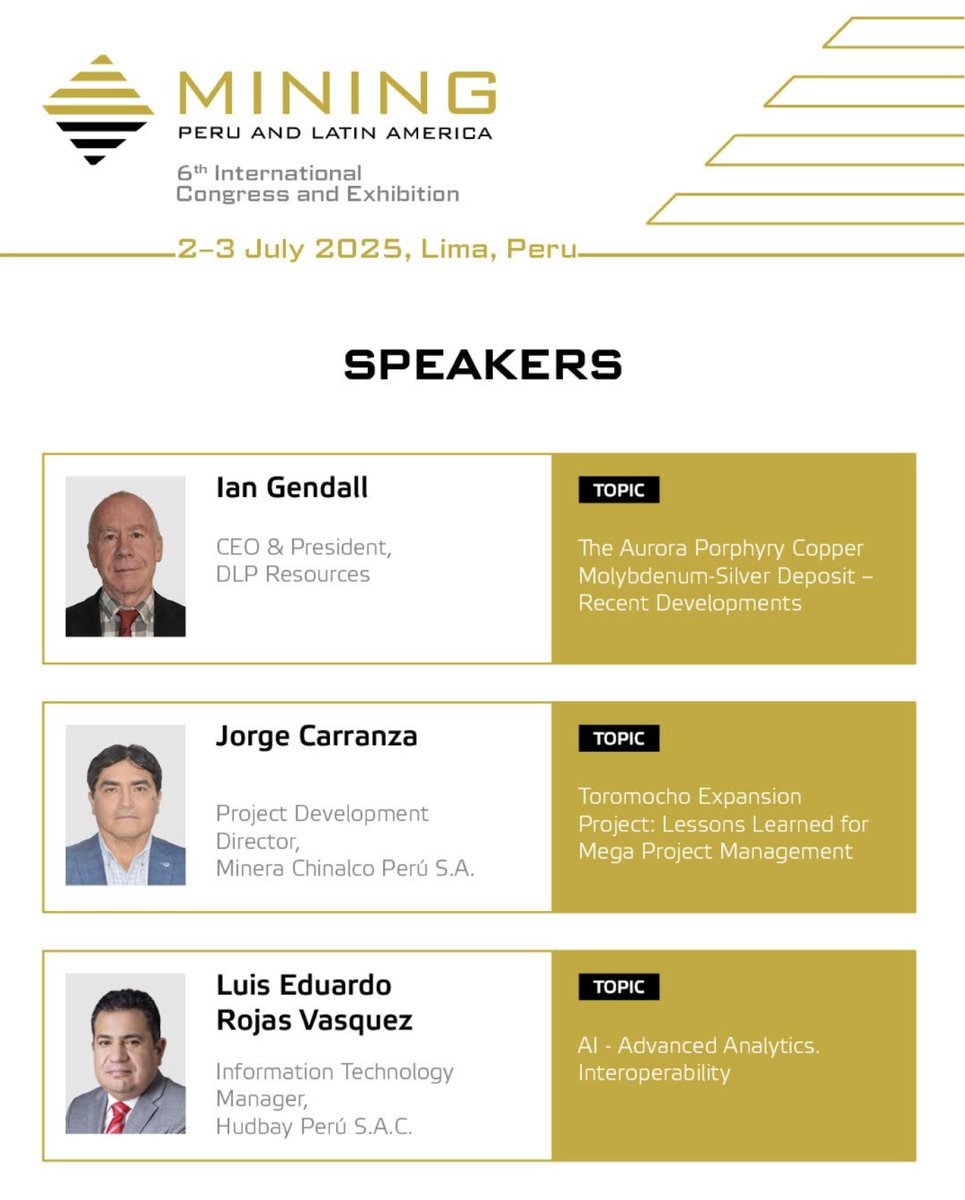 CEO Ian Gendall will be speaking July 2-3 at the International Congress and Exhibition Mining Peru and LatAm, 2025.

Register for the webinar here: mininglatamcongress.com/webinar/

@latinvostock
