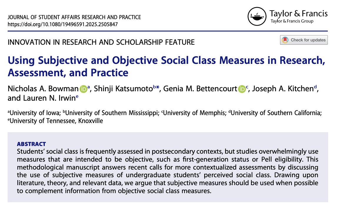 Social class scholars and practitioners in higher ed - check out our new article about using subjective and objective measures of social class in higher ed research, assessment, and practice, out now in <a href="/NASPA_JSARP/">JSARP</a> doi-org.libproxy2.usc.edu/10.1080/194965…