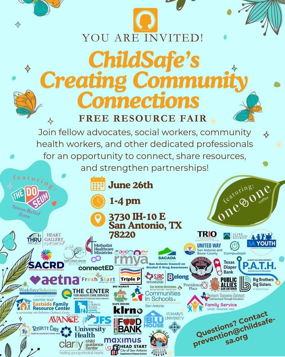 San Antonio for Growth on the Eastside (@sagesanantonio) on Twitter photo You're invited to ChildSafe’s Creating Community Connections Resource Fair. 🧡
📅 Wed, June 26 | 🕐 1–4 PM
📍 3730 IH-10 E, San Antonio
Enjoy calming spaces led by thedoseum, connect w/ 40+ orgs & find resources for families. prevention@childsafe-sa.org
#StrongerTogether You're invited to ChildSafe’s Creating Community Connections Resource Fair. 🧡
📅 Wed, June 26 | 🕐 1–4 PM
📍 3730 IH-10 E, San Antonio
Enjoy calming spaces led by thedoseum, connect w/ 40+ orgs & find resources for families. prevention@childsafe-sa.org
#StrongerTogether