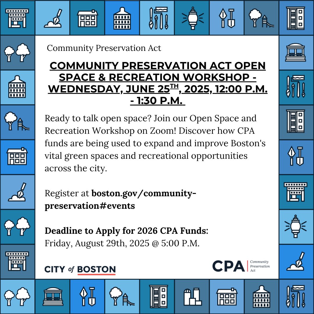 Let's talk open space, Boston! 

Join us for a Community Preservation Act open space and recreation workshop this Wednesday, June 25. 

boston.gov/community-pres…