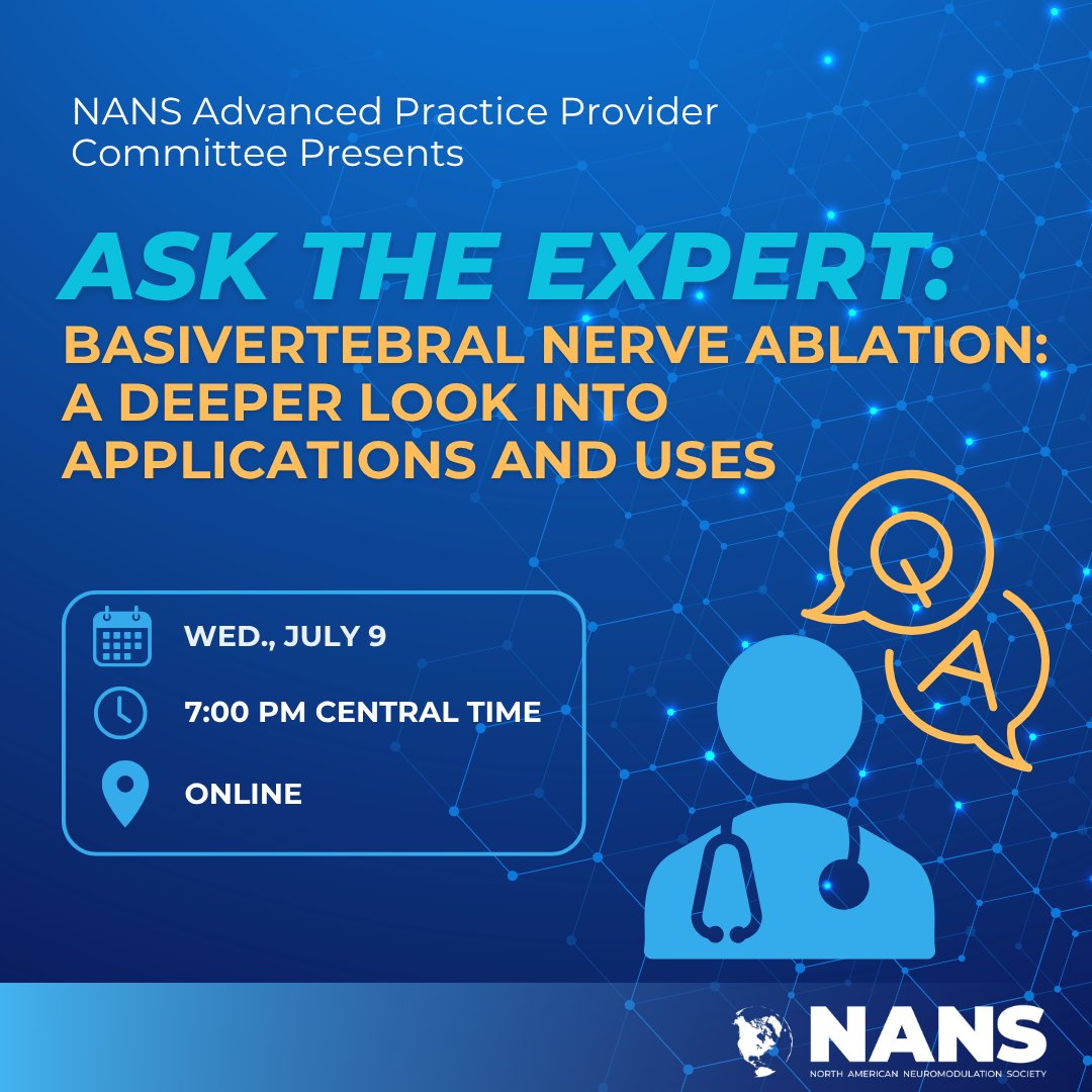 🧠 Join the next Ask the Expert from NANS #APPs!
📅 July 9 | 🕖 7 PM CT | 💻 Virtual
Topic: Basivertebral Nerve Ablation—Clinical Applications + Case Studies

🎙️With Dr. Brian Durkin &amp; Kristen Durkin, AGNP-C
🔗 Register: bit.ly/3ZKxJ5h

#BVN #PainManagement #SpineCare