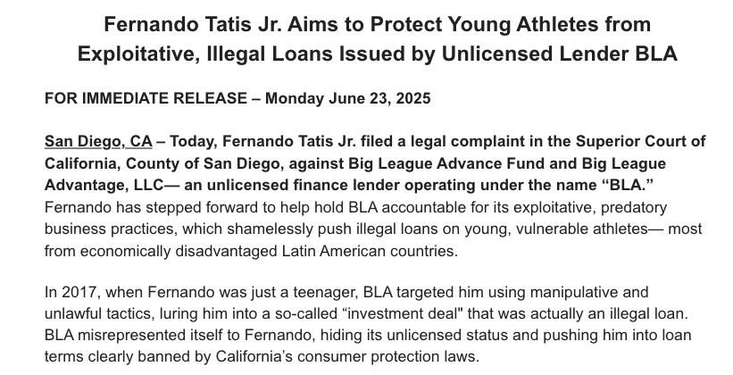 Fernando Tatis, Jr. has filed a lawsuit in San Diego Superior Court against Big League Advance. Here is part of the press release sent out by the legal and PR team: