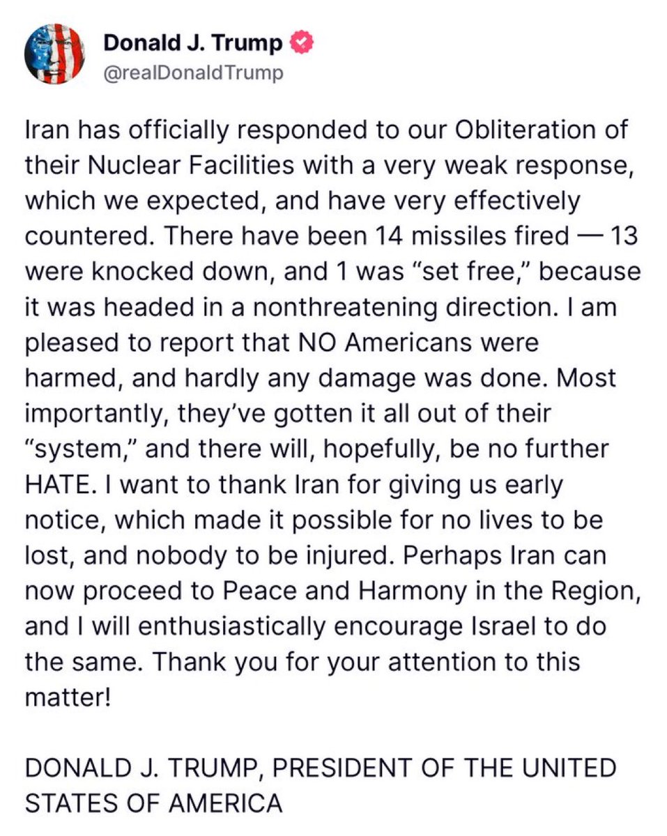 .<a href="/realDonaldTrump/">Donald J. Trump</a> mocks Iran’s attack on US base in #Qatar &amp; wants Israel and Iran to talk. He wants to achieve peace &amp; harmony in the region. The OFF RAMP is here. 

#Iran #IranIsraelConflict #IsraeliranWar
#DonaldTrump #IranVsIsrael