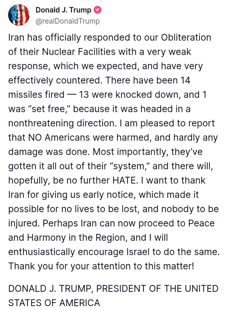 Trump on the Iranian strike on Qatar: "I want to thank Iran for giving us early notice, which made it possible for no lives to be lost"

Certainly sounds like that's the end of it for now