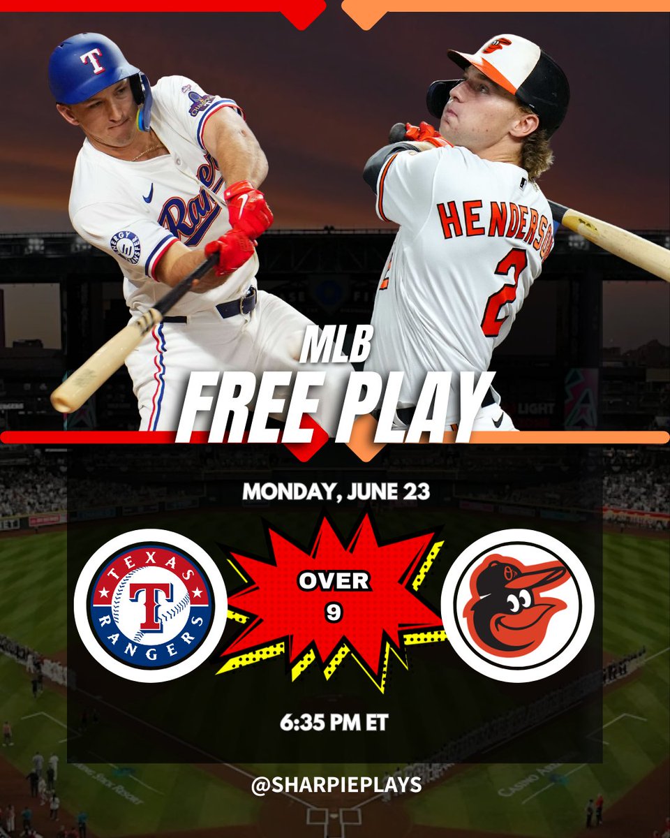 SharpiePlays's tweet photo. MLB: Rangers at Orioles (OVER 9)

Let’s start the week off strong!

🔗: https://t.co/2Q2lGebEna

#sharpieplays #fpotd #gamblingx #gamblingtwitter https://t.co/nI7dgXSLpE