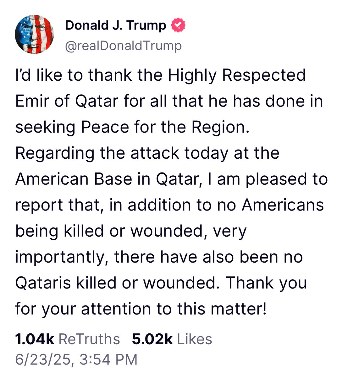 Breaking: Trump unofficially says there will be no U.S. response to the attack at Qatar

A) he lies all the time
B) this is only valid until he sees one of the coked-up losers on Fox insist he "TACO's out again"
C) hey look he spelled his name right this time!