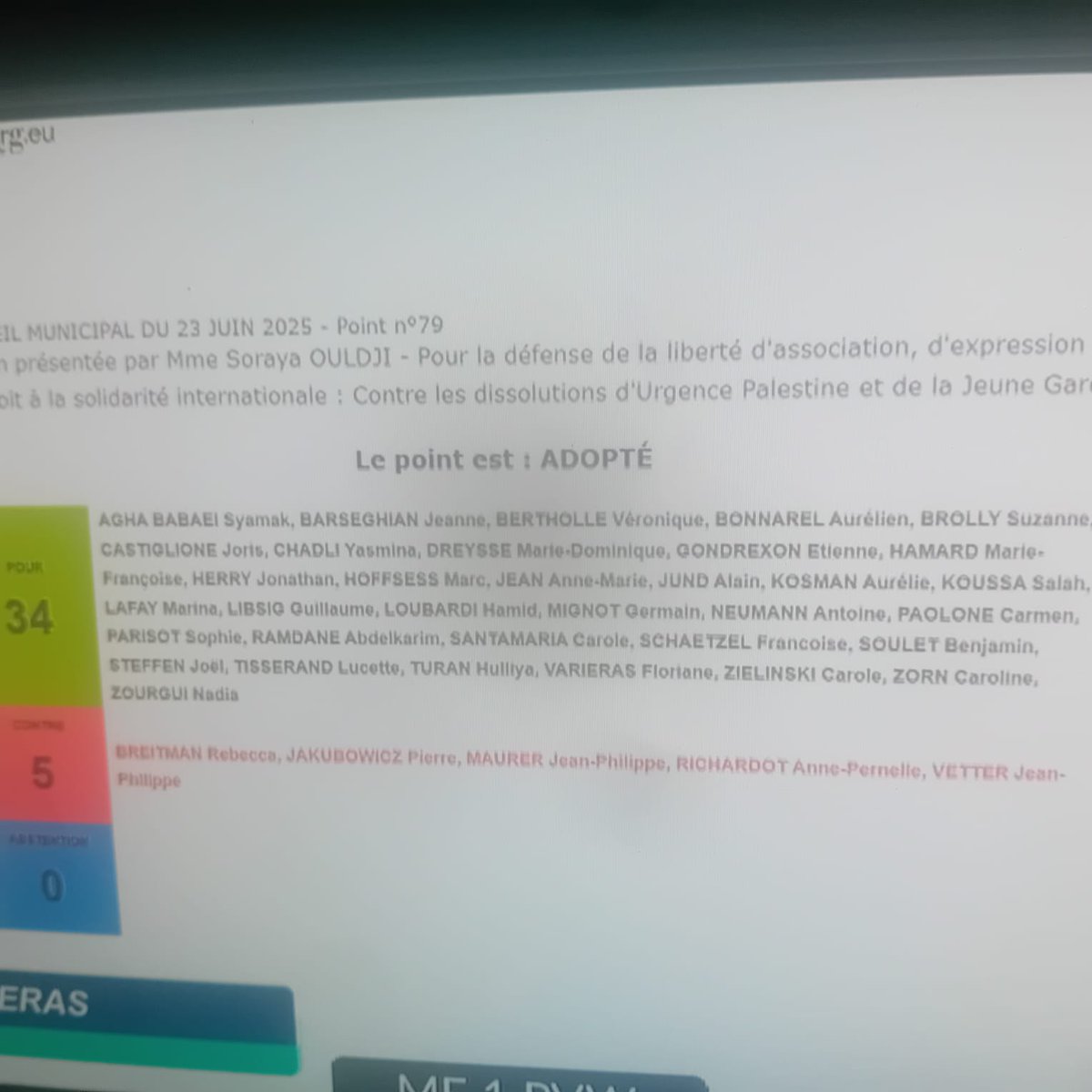 CemYoldass's tweet image. La motion de solidarité avec Urgence Palestine et la Jeune Garde portée par @OuldjiSoraya est adopté par le conseil municipal de Strasbourg.
Ce soutien nous sera très utile devant le conseil d'État.
(Une élue PS, deux élus Horizon et deux élus LR ont voté contre la motion)
