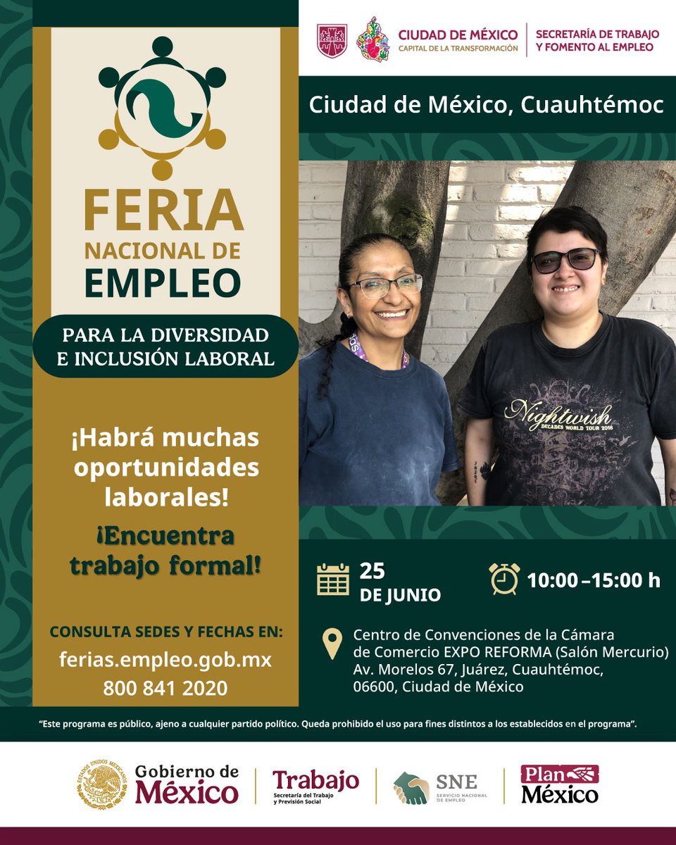 Este 25 de junio, te esperamos en la "Feria Nacional de Empleo para la Diversidad e Inclusión Laboral". Participan más de 50 empresas con diversas oportunidades laborales. 👩🏽‍🔬👨🏽‍🔧💼

➡️ No olvides llevar tu CV o solicitud de empleo elaborada, identificación oficial y CURP. 
📍Expo