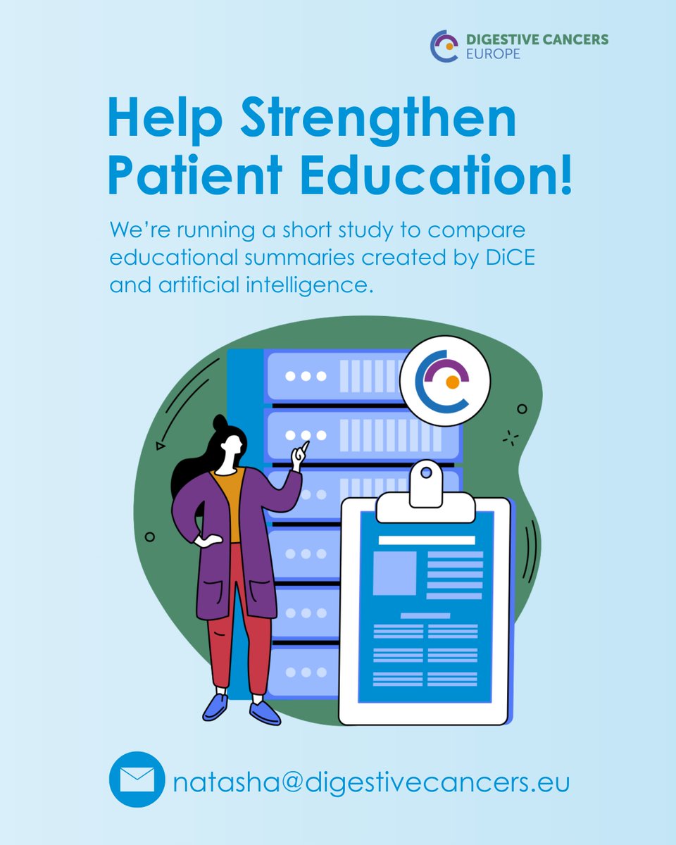 Digestive Cancers Europe (@dice_europe) on Twitter photo Are you a digestive cancer patient or carer? We’re running a short #study to compare educational summaries created by DiCE and AI🤖.
Your feedback will help us improve how we communicate key information to support others like you. To learn more 📩 natasha@digestivecancers.eu Are you a digestive cancer patient or carer? We’re running a short #study to compare educational summaries created by DiCE and AI🤖.
Your feedback will help us improve how we communicate key information to support others like you. To learn more 📩 natasha@digestivecancers.eu
