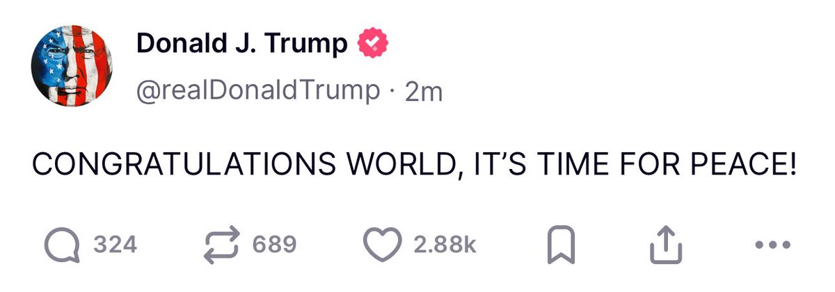 .<a href="/realDonaldTrump/">Donald J. Trump</a> announces its time for peace! 🕊️

#Iran #IranIsraelConflict #Trump #DonaldTrump #Qatar