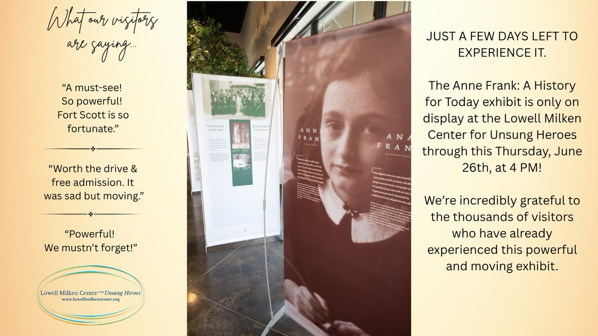 If you haven’t made it yet, now’s the time. Don’t miss your chance to see it before it leaves Fort Scott!

📍 Open Mon–Friday | 10 AM – 5 PM 
(Anne Frank exhibit closes Thursday at 4 PM)

#AnneFrankExhibit #UnsungHeroes #FortScottKS #HistoryMatters #LMCExhibit
