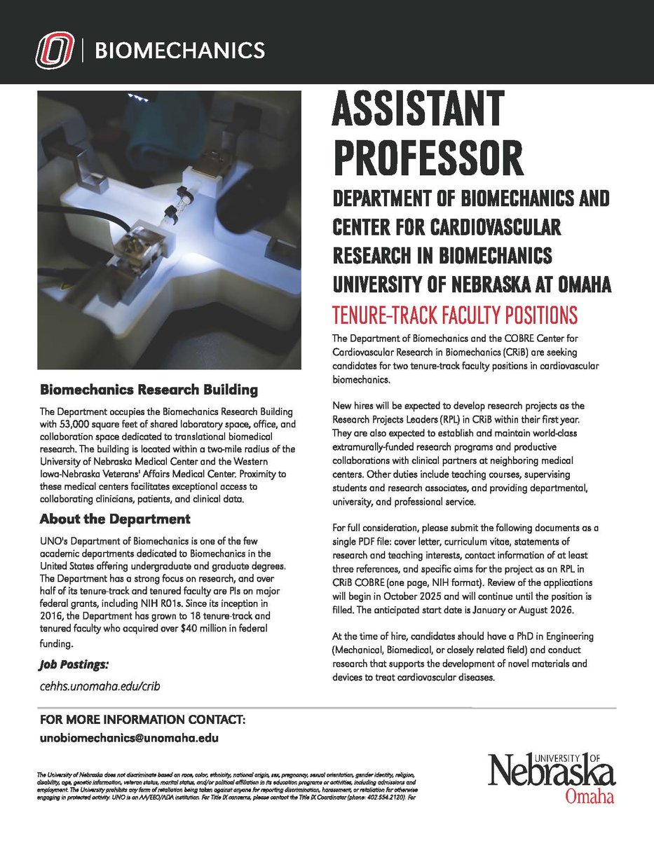 UNOBiomechanics's tweet image. We're hiring! The UNO Department of Biomechanics is looking for an Assistant Professor with expertise in cardiovascular biomechanics. Come be part of a team pushing the boundaries of human health research.
Apply here: unomaha.peopleadmin.com/postings/21353