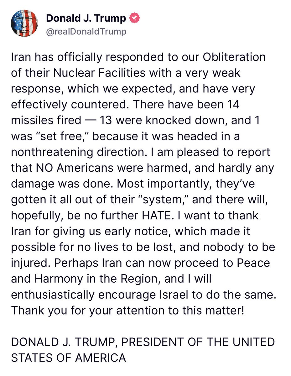 POTUS says Iran has “gotten it all out of their system” and not to expect anything else. Also confirms Iran gave U.S a heads up on strikes.