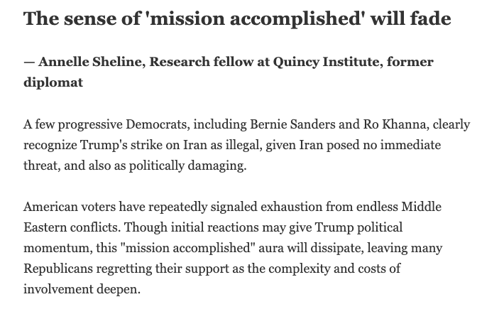 Dr. Annelle Rodriguez Sheline (@annellesheline) on Twitter photo "A few Democrats, specifically progressives like <a href="/SenSanders/">Sen. Bernie Sanders</a> and <a href="/RoKhanna/">Ro Khanna</a>, understand that not only is Trump's war on Iran illegal -- Iran posed no imminent threat -- it's also bad politics."
As I told <a href="/kilicnss/">Kilic</a> for <a href="/turkiyetodaycom/">Türkiye Today</a> "A few Democrats, specifically progressives like <a href="/SenSanders/">Sen. Bernie Sanders</a> and <a href="/RoKhanna/">Ro Khanna</a>, understand that not only is Trump's war on Iran illegal -- Iran posed no imminent threat -- it's also bad politics."
As I told <a href="/kilicnss/">Kilic</a> for <a href="/turkiyetodaycom/">Türkiye Today</a>