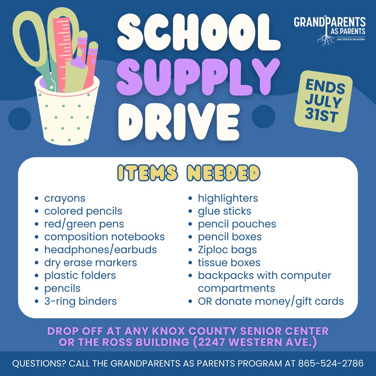 It's that time of year again! 🖍 The GAP school supply drive will be going throughout the entire month of July. You may drop off supplies at any Knox County Senior Center or the Ross Building (2247 Western Ave.). If you have any questions, please call 865-524-2786. #GAPTipTuesday