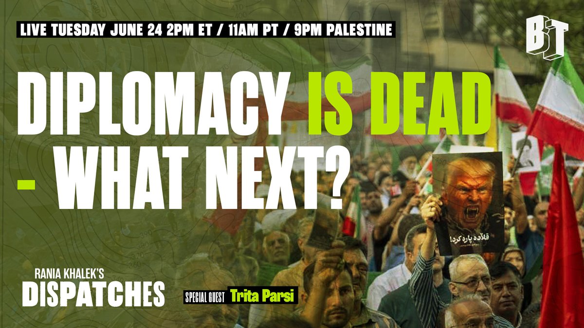 BreakThrough News (@btnewsroom) on Twitter photo 🚨 LIVE TUESDAY 🚨
The U.S. bombed Iran’s nuclear sites.
Trump hinted at regime change.
The nuclear talks are dead.
@Tparsi joins <a href="/RaniaKhalek/">Rania Khalek</a> for a special live Dispatches to break down what comes next.
June 24 2PM ET / 11AM PT / 9PM Palestine
📺 youtube.com/live/nWtQMUX9O… 🚨 LIVE TUESDAY 🚨
The U.S. bombed Iran’s nuclear sites.
Trump hinted at regime change.
The nuclear talks are dead.
@Tparsi joins <a href="/RaniaKhalek/">Rania Khalek</a> for a special live Dispatches to break down what comes next.
June 24 2PM ET / 11AM PT / 9PM Palestine
📺 youtube.com/live/nWtQMUX9O…