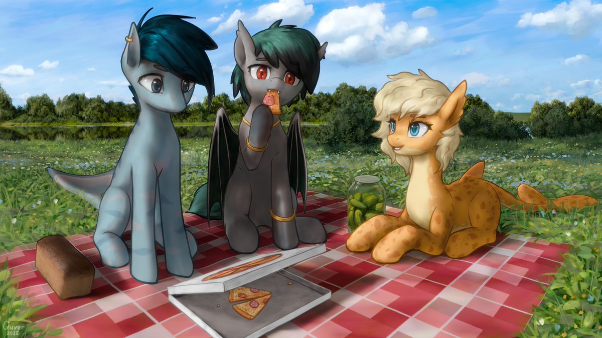 Art done by my buddy <a href="/qquver/">Quver</a> 
Our ocs hanging out with our good friend Fishie having a picnic! XD

"bad imagination makes me bring a loaf to the picnic"~Quver