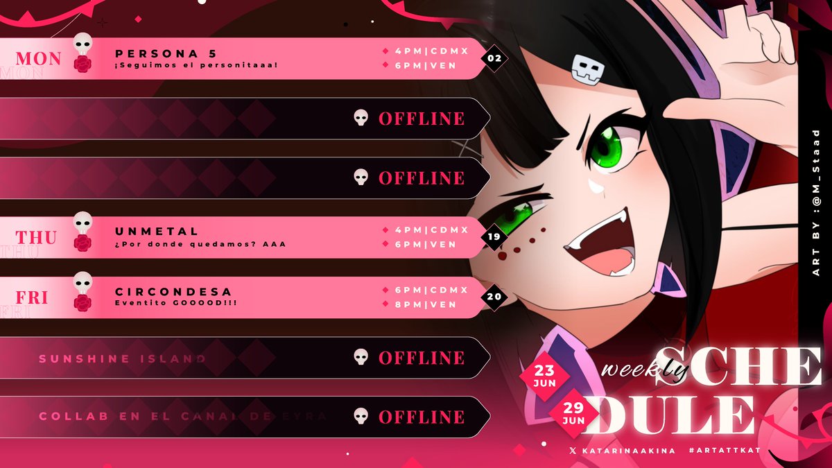 💀¡SCHEDULE DE LA SEMANA!🌹
◇ Junio 23 - Junio 29 ◇
🔴Directos por Twitch | YT: katarinaakina.carrd.co

¡Esta semana solo habrán 3 streams! aunque estaré en eventitos o collabs fuera ❤️

General: #KatarinaAkina
Arte: #ArtAttkat
Memes: #Akinamemes
Clips: #ClipKat