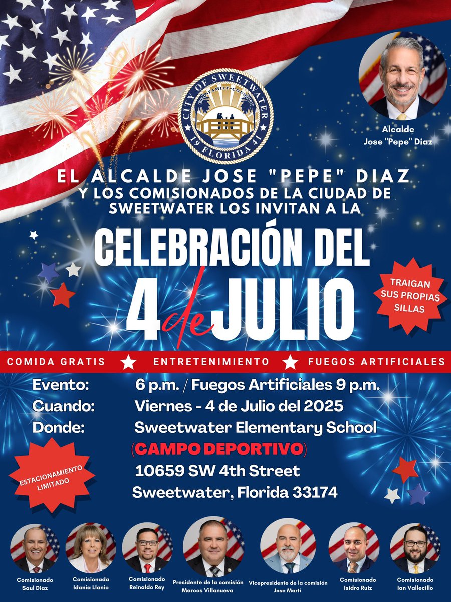 Join us for the City of Sweetwater’s Annual 4th of July Celebration! 🇺🇸🎆

Mayor Jose “Pepe” Diaz and the City of Sweetwater Commissioners invite YOU for an evening full of free food, entertainment, and fireworks! 🎇🎶🌭

📅 Friday, July 4, 2025
🕕 Event starts at 6 PM | 🎆