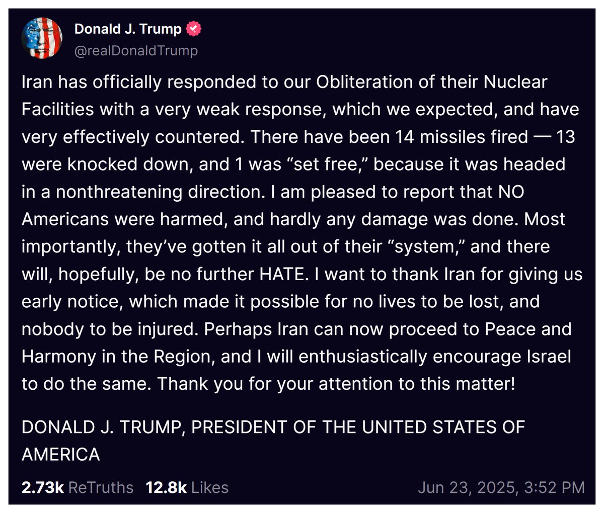 From The Boss!

"I am pleased to report that NO Americans were harmed, and hardly any damage was done. Most importantly, they’ve gotten it all out of their “system,” and there will, hopefully, be no further HATE. I want to thank Iran for giving us early notice, which made it