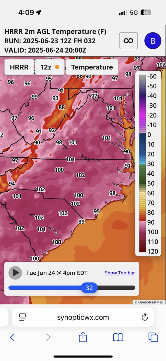 SynopticWX's tweet image. Widespread temperatures near or into the triple digits tomorrow in the mid-Atlantic to southeast.
Latest hi-res guidance indicates over 100F even in the nation’s capital tomorrow afternoon. 🥵