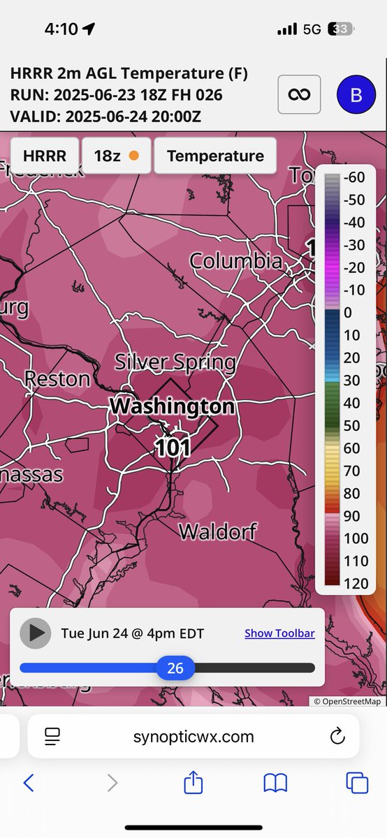 SynopticWX's tweet image. Widespread temperatures near or into the triple digits tomorrow in the mid-Atlantic to southeast.
Latest hi-res guidance indicates over 100F even in the nation’s capital tomorrow afternoon. 🥵