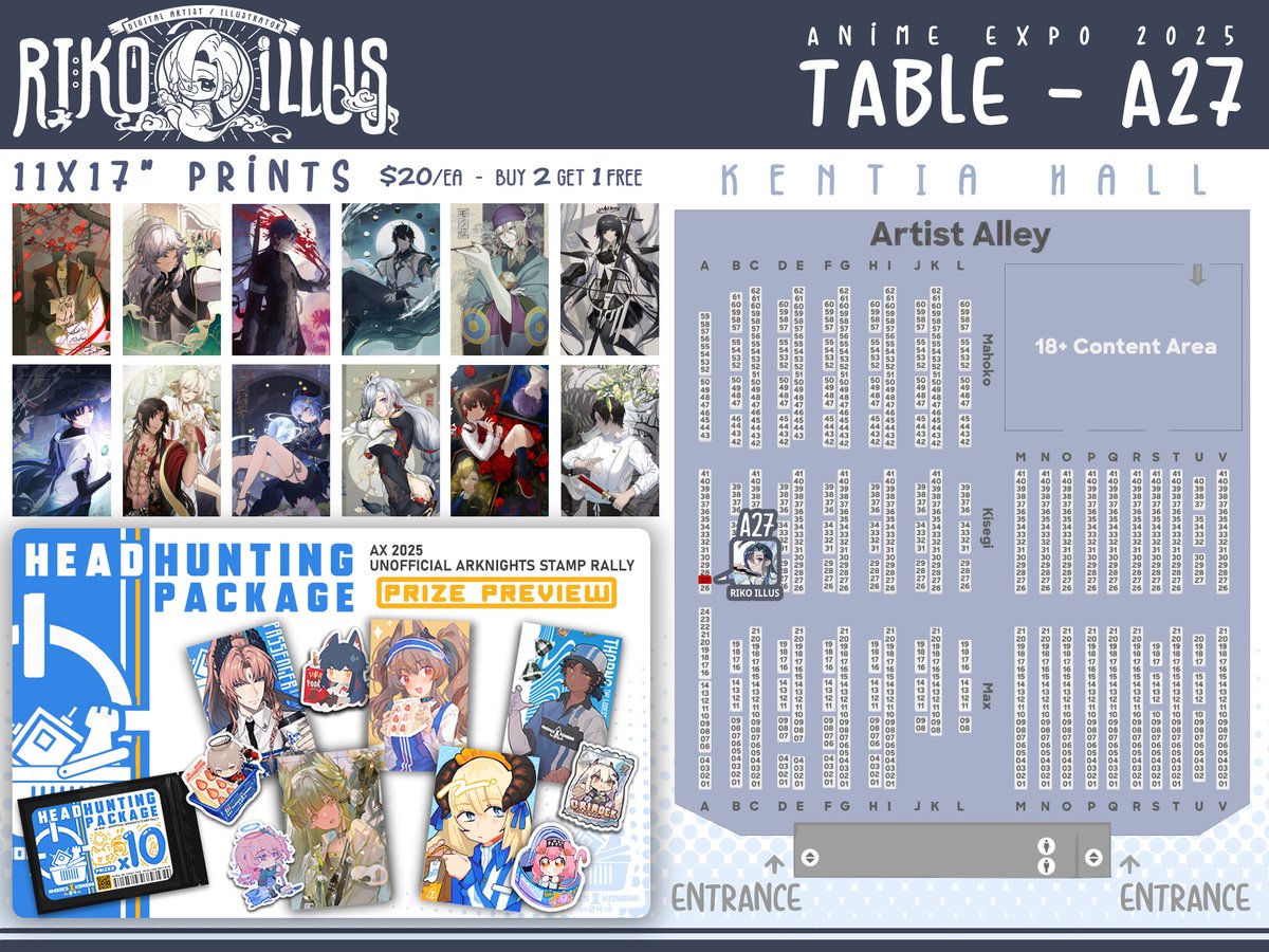Riko_illus's tweet image. First time tabling at #AX2025 [RTs appreciated 🥺🙏💖]
My catalogue includes: Arknights, Hoyoverse, Vtubers, LADS, and various fandoms!

Also I am running an Arknights stamp rally as well! 🕺✨🍙(more info below)

[#AnimeExpo #AX2025ArtistAlley #AXArtistAlley2025 #AXCatalog]