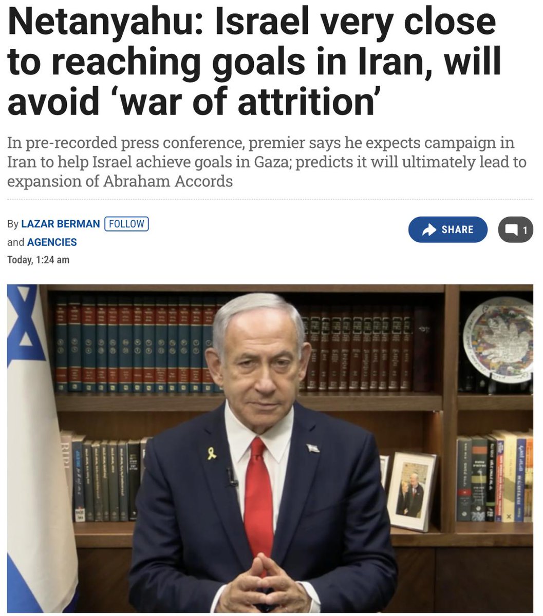 Izrael jest bliski osiągnięcia celów wojennych z Iranem, mówi Netanjahu.
Izrael nie ma rakiet do systemów i musi zakończyć wojnę, ale czy Iran zakończy?

▪️Według niego Izrael uniknie przedłużającej się wojny na wyniszczenie, ale nie zakończy operacji przedwcześnie: „Kiedy cele