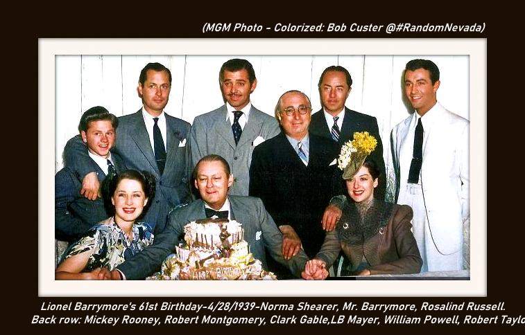 TahoeRenoNews's tweet photo. #Hollywood Royalty, 1939-@ Lionel Barrymore's 61st birthday, 1939. Norma Shearer, Mr. #Barrymore, Rosalind Russell. Back : Mickey Rooney, Robt. Montgomery, Clark Gable, L.B. Mayer, William Powell, Robt. Taylor. (MGM-color by Bob Custer @#RandomNevada) @TheJuliaNelson https://t.co/fvpcdUY3No
