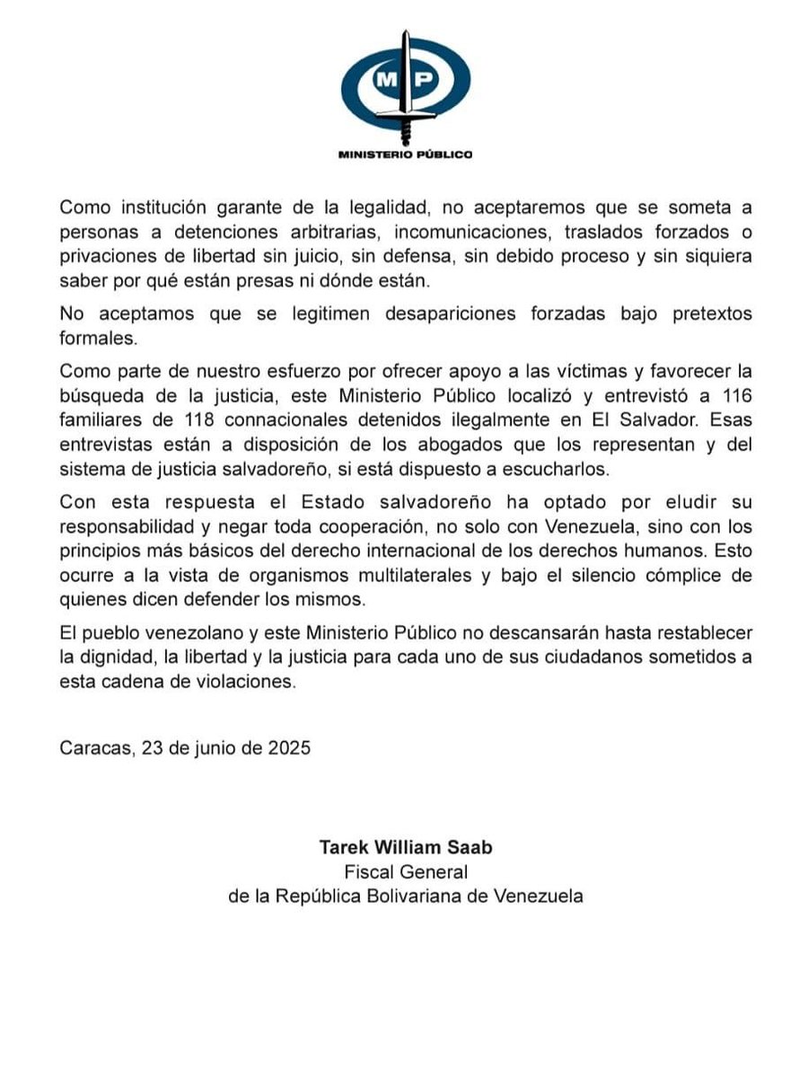 📢Fiscal General de la República, <a href="/TarekWiliamSaab/">Tarek William Saab</a>, calificó de cínica y vergonzosa la respuesta de la Corte Suprema de El Salvador, recibida más de 80 días después de solicitar apoyo por ciudadanos venezolanos secuestrados ilegalmente en ese país.

📩 El Ministerio Público