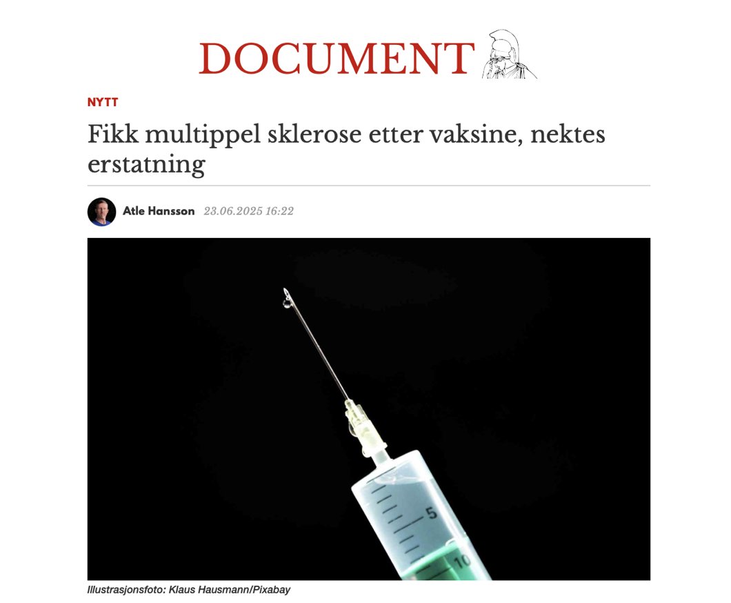 Såkalte konspirasjonsteoretikere tror angivelig at vi styres av noen onde krefter

Ifølge Document ble en kvinne ufør etter å ha tatt en vaksine som kommunelegen anbefalte under et lokalt kusmautbrudd. 

Hun utviklet multippel sklerose kort tid etter, men fikk ikke erstatning