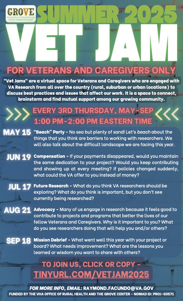 Join the Conversation at VET JAM! 🇺🇸
Hosted by the GROVE Center, this is a space for Veterans and Caregivers to connect, share best practices, and discuss the real issues that impact our communities.

Next VET JAM: June 26 | 12 PM CST
Register: ucdenver.zoom.us/meeting/regist…