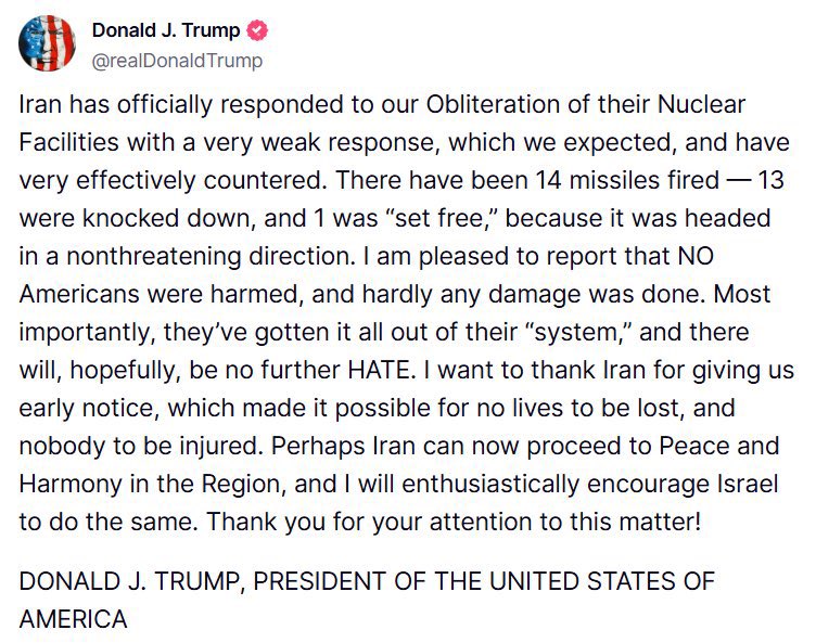 Trump: “I want to thank Iran for giving us early notice, which made it possible for no lives to be lost, and nobody to be injured.”
