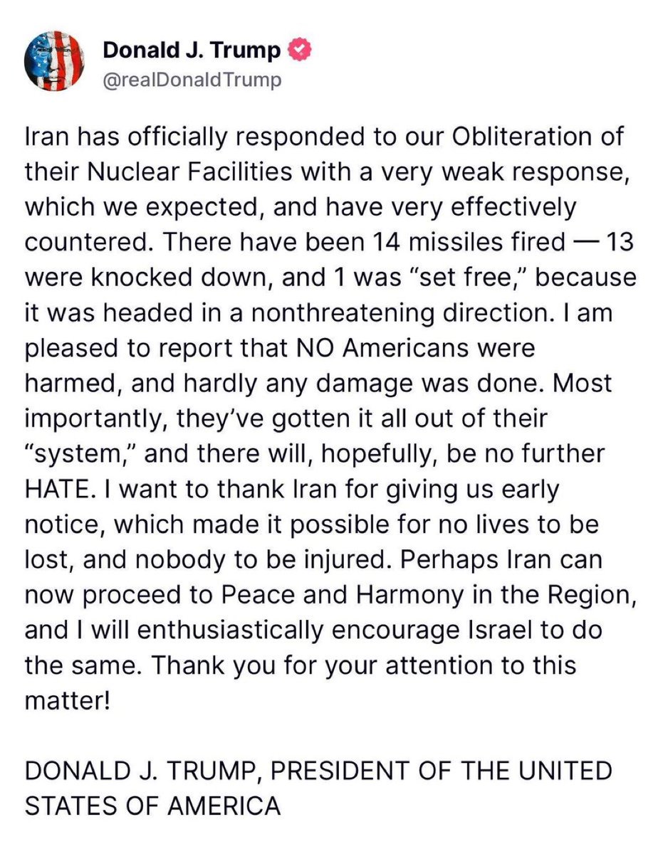 🇮🇷🇺🇸 Trump says Iran gave early notice and no one was injured.

The US - Iran war is hence over!

Called it