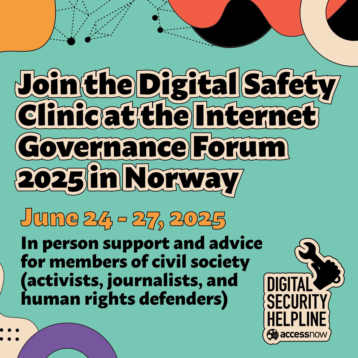 Access Now (@accessnow) on Twitter photo Let’s connect at #IGF25!
Our Digital Safety Clinic will be open to all who need help with digital security: activists, journalists, and civil society allies.
📍 Lillestrøm, Norway
🗓️ June 24–27
🌍 Not attending? We’ve still got you: accessnow.org/help/ Let’s connect at #IGF25!
Our Digital Safety Clinic will be open to all who need help with digital security: activists, journalists, and civil society allies.
📍 Lillestrøm, Norway
🗓️ June 24–27
🌍 Not attending? We’ve still got you: accessnow.org/help/