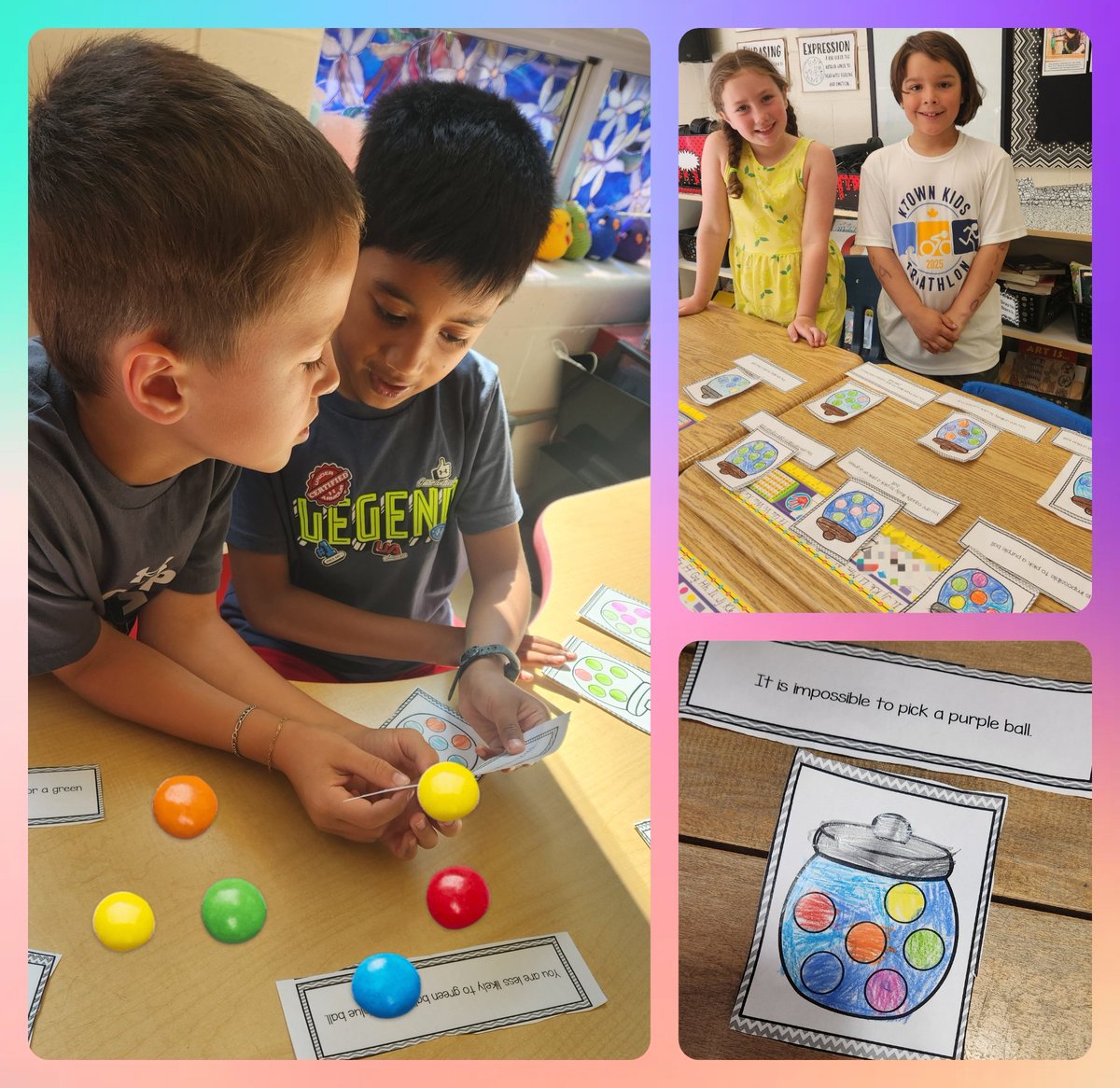 🎲 Probability fun in math! We worked with buddies to colour our own gumball jars and create matching probability statements ("It is certain to pull a blue gumball" or "More likely to pull green than purple"). Then, we swapped with another pair to test our reasoning skills! 🍬🧠