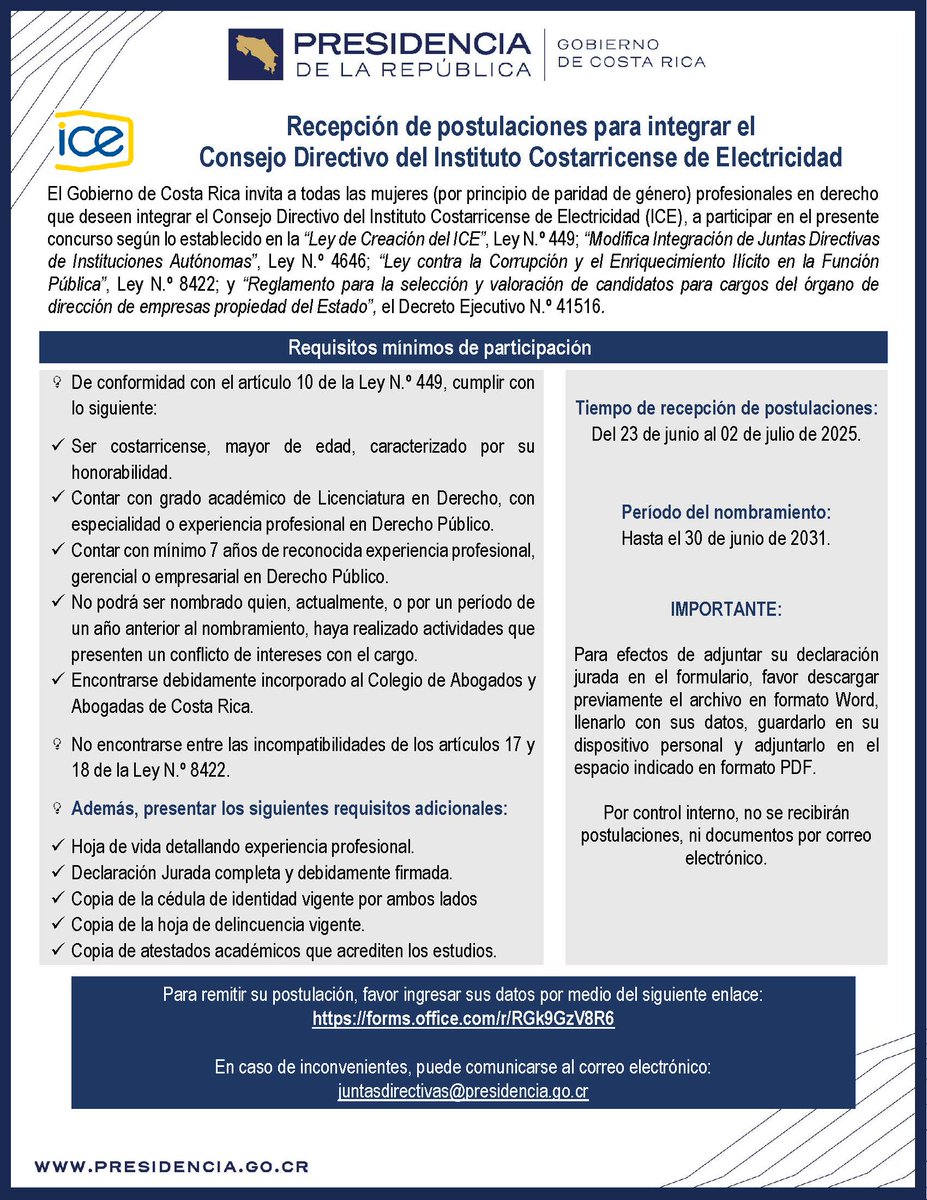 El Gobierno de la República de Costa Rica invita a participar en el concurso de una plaza vacante para integrar el Consejo Directivo del Instituto Costarricense de Electricidad (ICE).