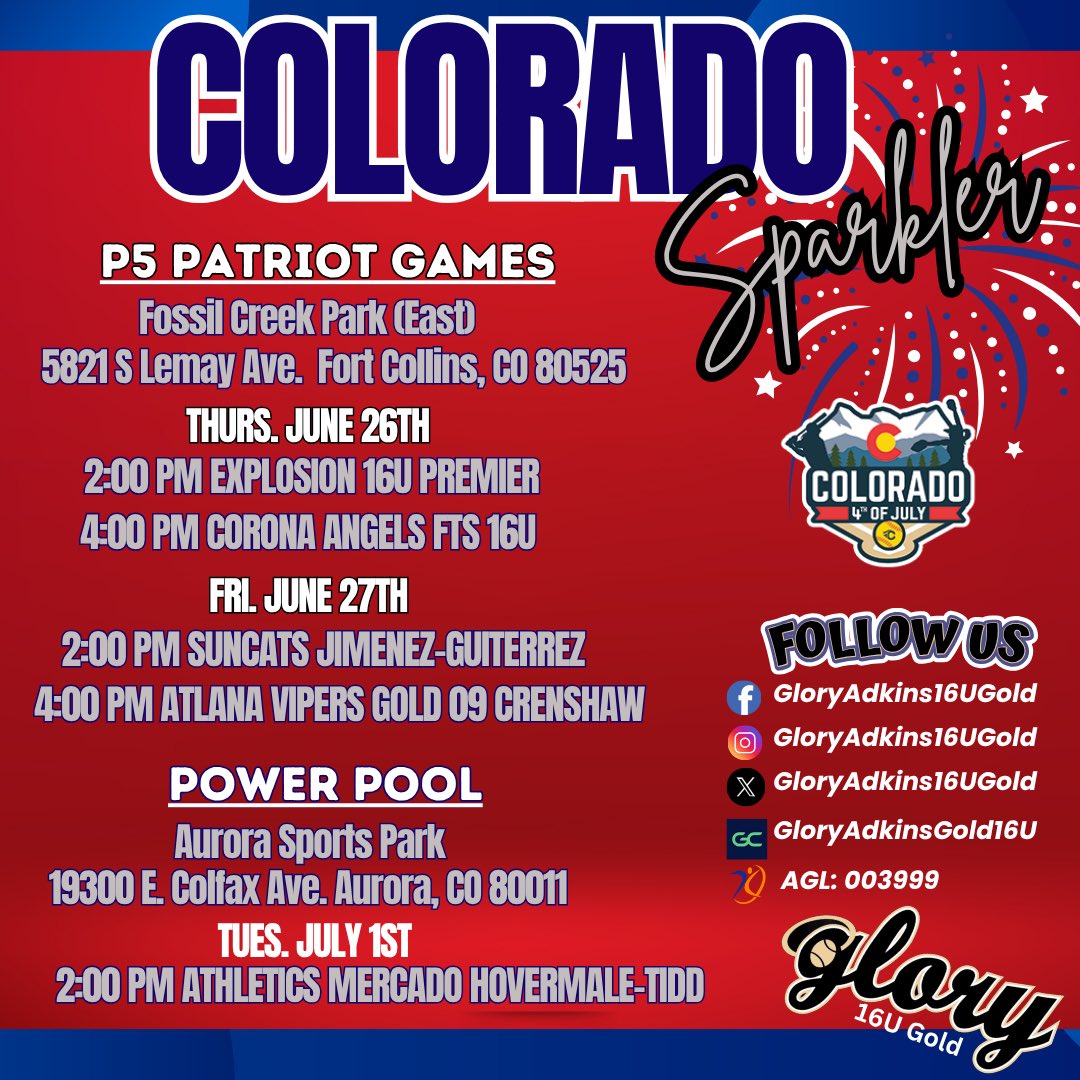 🎆 COME WATCH GLORY SHINE AT THE COLORADO SPARKLER! 🎆
Our Glory 16U Gold team is ready to take the field and turn up the heat in Colorado! 🇺🇸🔥
Catch all the action live in person or stream it from wherever you are—you don’t want to miss this!
#halosup😇