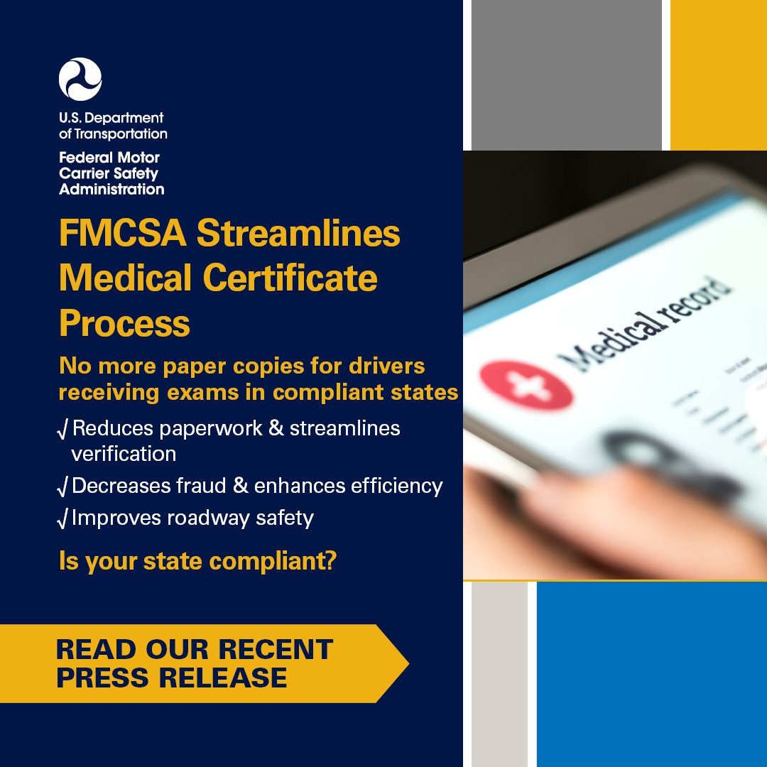 FMCSA's tweet image. FMCSA integrates electronic medical certification records directly into state-managed systems with implementation of rulemaking. Learn more in our latest press release: fmcsa.dot.gov/newsroom/trump…