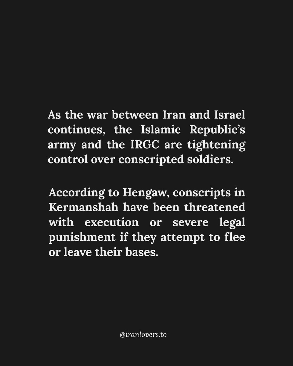 IranLoversTo's tweet image. Conscripted soldiers are now being faced with execution if they leave their bases, or refuse to fight in the war.
It is important to note that young men are required to serve cumpolsory military services regardless of their beliefs on how the regime operates. This is yet another…